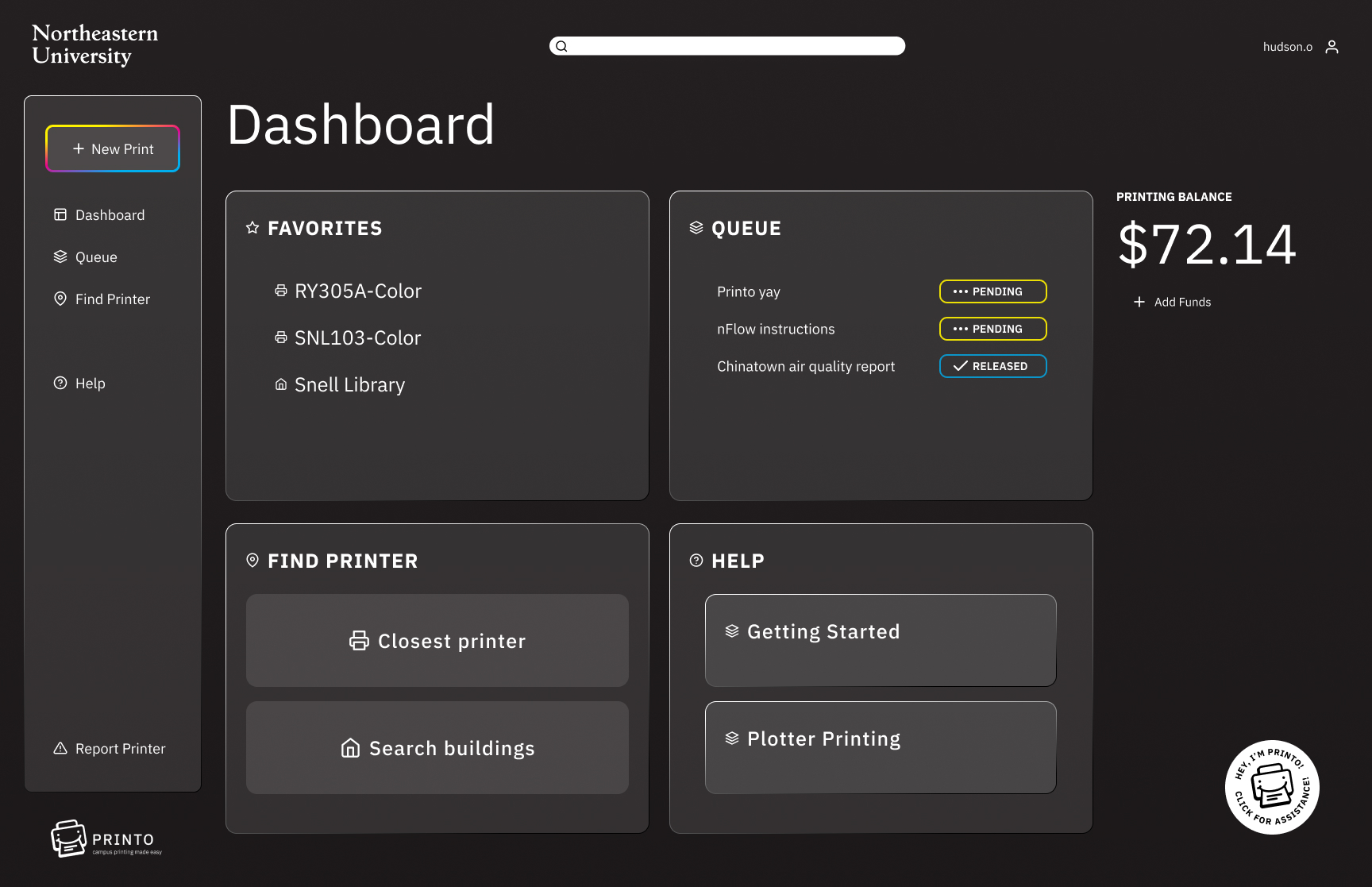 Printo dashboard screen showing favorites, queue, and balance